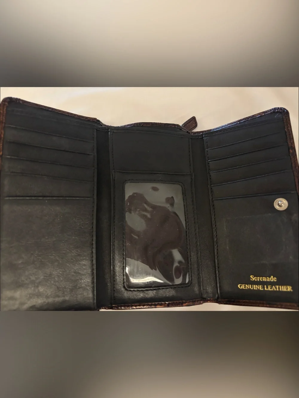 Serenade Beverly Hills Collection Leather Wallet Patent Brown Peacock Feather